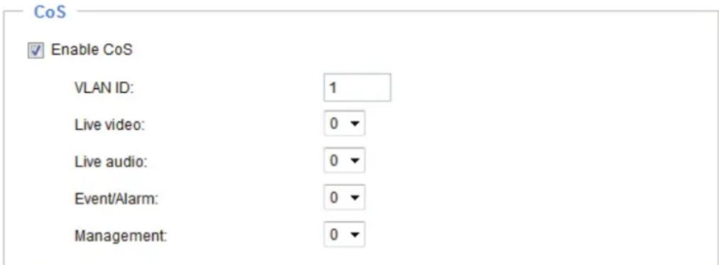 CoS ✓ Enable CoS VLAN ID: 1 Live video: 0 ▼ Live audio: 0 ▼ Event/Alarm: 0 ▼ Management: 0 ▼