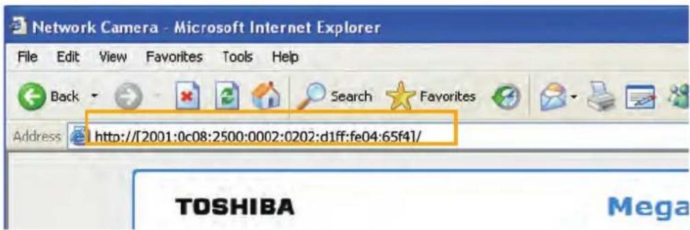 Network Camera - Microsoft Internet Explorer File Edit View Favorites Tools Help Back Search Favorites Address http://f2001:0c08:2500:0002:0202:d1ff:fe04:65f41/ TOSHIBA Mega