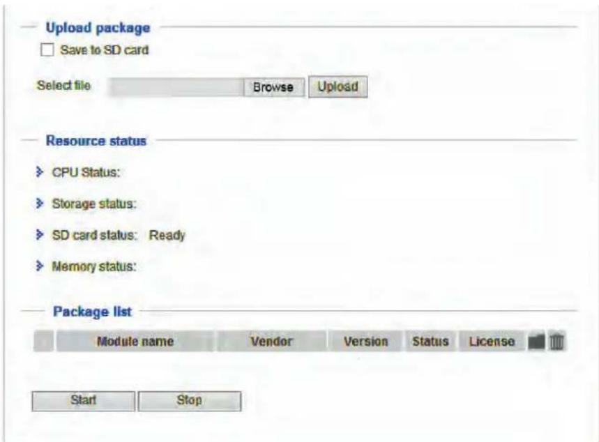 Upload package Save to SD card Select file Browse Upload Resource status CPU Status: Storage status: SD card status: Ready Memory status: Package list Module name Vendor Version Status License Start Stop