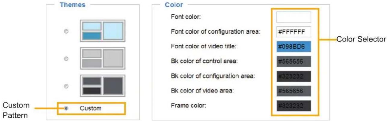 Themes Custom Pattern Color Font color: Font color of configuration area: #FFFFFF Font color of video title: #098BD6 Bk color of control area: #565656 Bk color of configuration area: #323232 Bk color of video area: #565656 Frame color: #323232 Color Selector