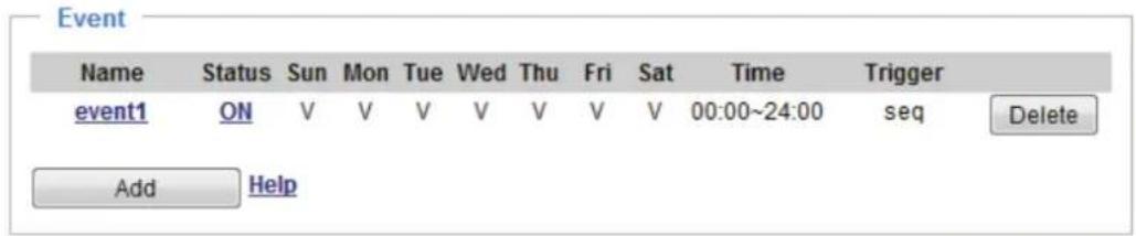Event Name Status Sun Mon Tue Wed Thu Fri Sat Time Trigger event1 ON V V V V V V V V 00:00~24:00 seq Delete Add Help