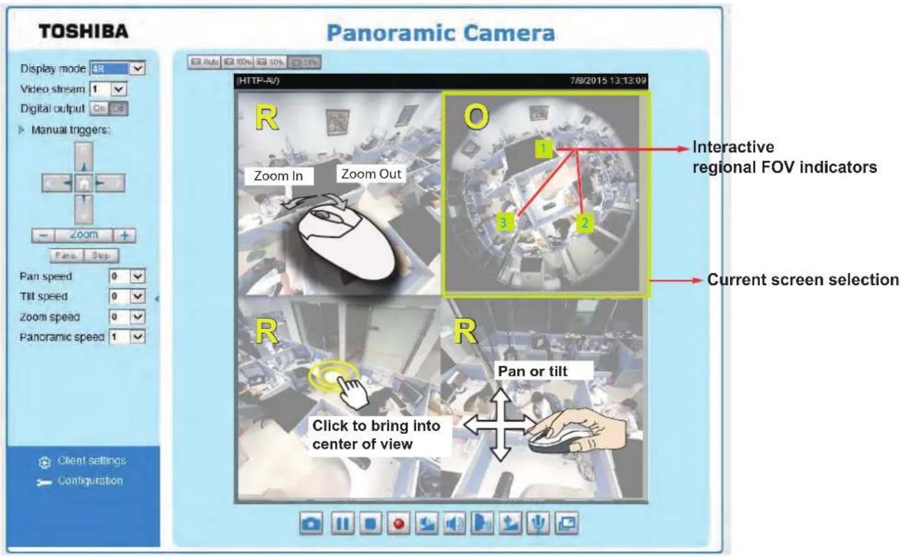 TOSHIBA Panoramic Camera Display mode: AR Video stream: 1 Digital output: On Off Manual triggers: Zoom Pan: Stop Pan speed: 0 Tilt speed: 0 Zoom speed: 0 Panoramic speed: 1 7/8/2015 13:13:09 [HTTP-AV] R Zoom In Zoom Out O 1 3 2 Interactive regional FOV indicators Current screen selection R Pan or tilt Click to bring into center of view R Pan or tilt Client settings Configuration