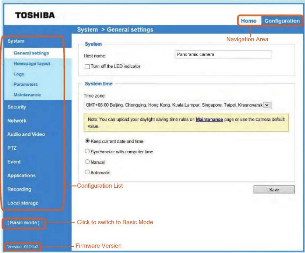 TOSHIBA Home Configuration System > General settings System General settings Homepage layout Logs Parameters Maintenance Security Network Audio and Video PTZ Event Applications Recording Local storage [ Basic mode ] Version: 0100a3 Navigation Area System Host name: Panoramic camera Turn off the LED indicator System time Time zone: GMT+08.00 Beijing, Chongqing, Hong Kong, Kuala Lumpur, Singapore, Taipei, Krasnoyarsk Note: You can upload your daylight saving time rules on Maintenance page or use the camera default value. Keep current date and time Synchronize with computer time Manual Automatic Configuration List Save Click to switch to Basic Mode Firmware Version