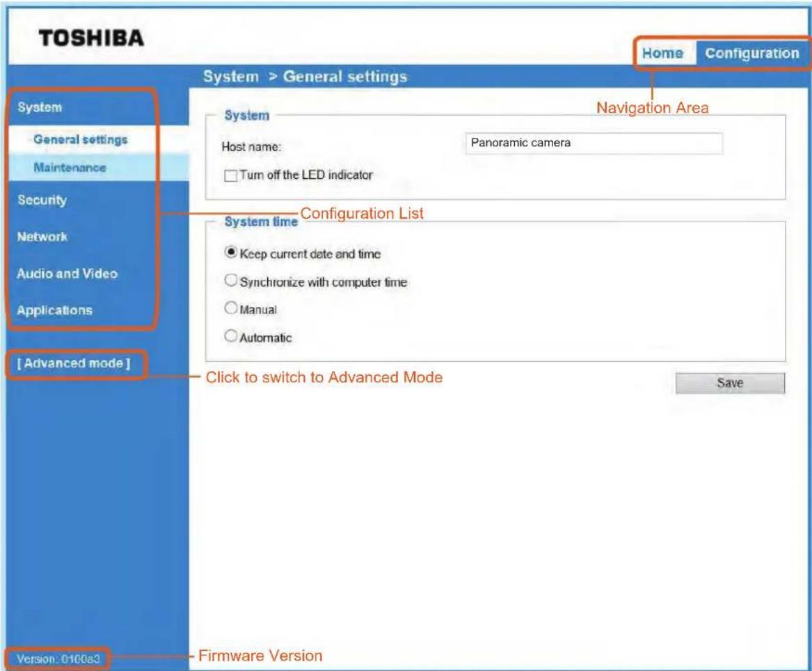 TOSHIBA System > General settings Home Configuration System General settings Maintenance Security Network Audio and Video Applications [ Advanced mode ] System Host name: Panoramic camera Turn off the LED indicator Configuration List System time Keep current date and time Synchronize with computer time Manual Automatic Click to switch to Advanced Mode Save Version: 0100a3 Firmware Version