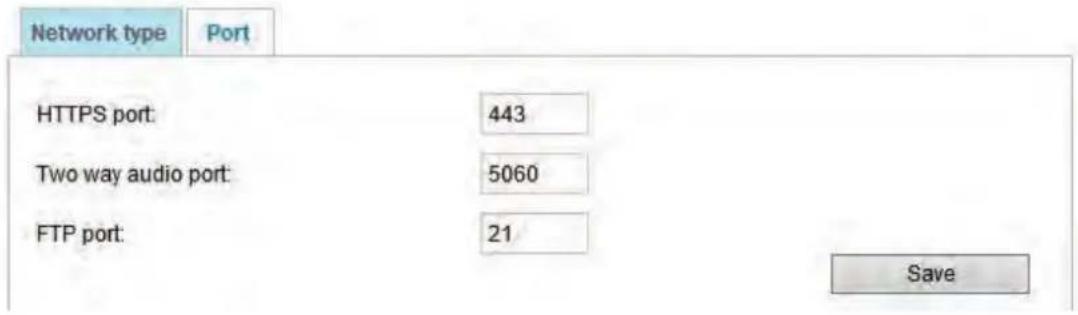 Network type Port HTTPS port: 443 Two way audio port: 5060 FTP port: 21 Save
