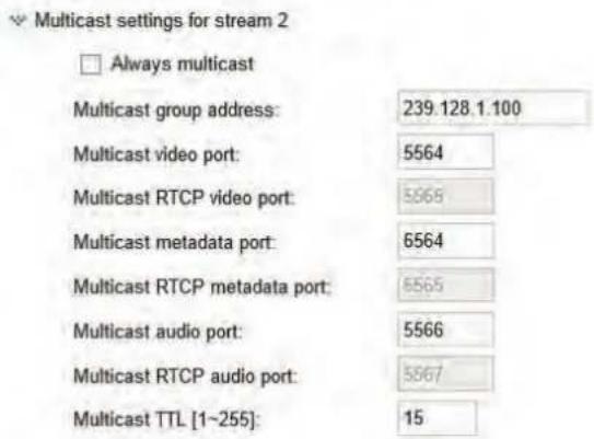 Multicast settings for stream 2 □ Always multicast Multicast group address: 239.128.1.100 Multicast video port: 5564 Multicast RTCP video port: 5565 Multicast metadata port: 6564 Multicast RTCP metadata port: 6565 Multicast audio port: 5566 Multicast RTCP audio port: 5567 Multicast TTL [1~255]: 15