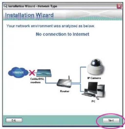 Installation Wizard - Network Type Installation Wizard Your network environment was analyzed as below. No connection to Internet Internet Cable/DSL modem Router IP Camera PC Next