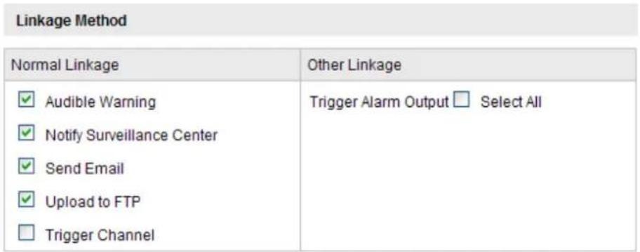 Linkage Method Normal Linkage Other Linkage ✓ Audible Warning Trigger Alarm Output □ Select All ✓ Notify Surveillance Center ✓ Send Email ✓ Upload to FTP □ Trigger Channel