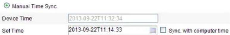 Manual Time Sync. Device Time 2013-09-22T11:32:34 Set Time 2013-09-22T11:14:33 Sync. with computer time