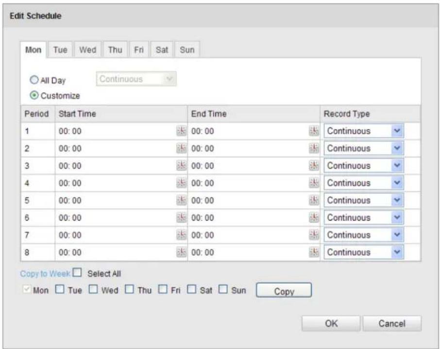Edit Schedule Mon Tue Wed Thu Fri Sat Sun All Day Continuous Customize Period Start Time End Time Record Type 1 00:00 00:00 Continuous 2 00:00 00:00 Continuous 3 00:00 00:00 Continuous 4 00:00 00:00 Continuous 5 00:00 00:00 Continuous 6 00:00 00:00 Continuous 7 00:00 00:00 Continuous 8 00:00 00:00 Continuous Copy to Week Select All Mon Tue Wed Thu Fri Sat Sun Copy OK Cancel