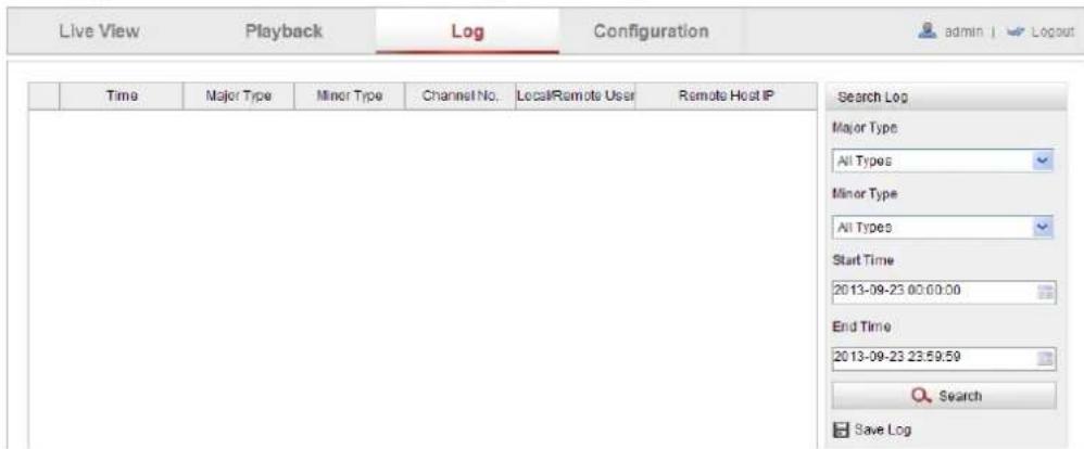 Live View Playback Log Configuration adults | Logout Time Major Type Minor Type Channel No. LocalRemote User Remote Host IP Search Log Major Type All Types Minor Type All Types Start Time 2013-09-23 00:00:00 End Time 2013-09-23 23:59:59 Search Save Log