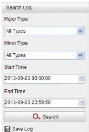 Search Log Major Type All Types Minor Type All Types Start Time 2013-09-23 00:00:00 End Time 2013-09-23 23:59:59 Search Save Log