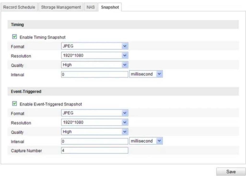 Record Schedule Storage Management NAS Snapshot Timing Enable Timing Snapshot Format JPEG Resolution 1920*1080 Quality High Interval 0 millisecond Event-Triggered Enable Event-Triggered Snapshot Format JPEG Resolution 1920*1080 Quality High Interval 0 millisecond Capture Number 4 Save