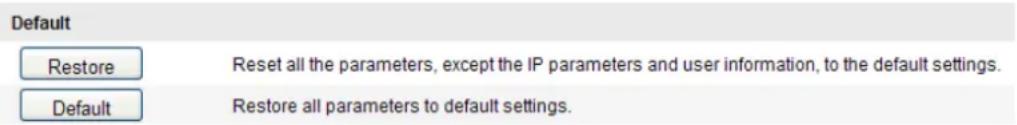 Default Restore Reset all the parameters, except the IP parameters and user information, to the default settings. Default Restore all parameters to default settings.