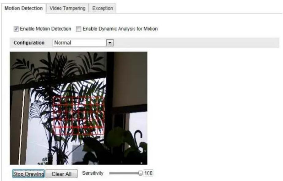 Motion Detection Video Tampering Exception Enable Motion Detection Enable Dynamic Analysis for Motion Configuration Normal Stop Drawing Clear All Sensitivity 100