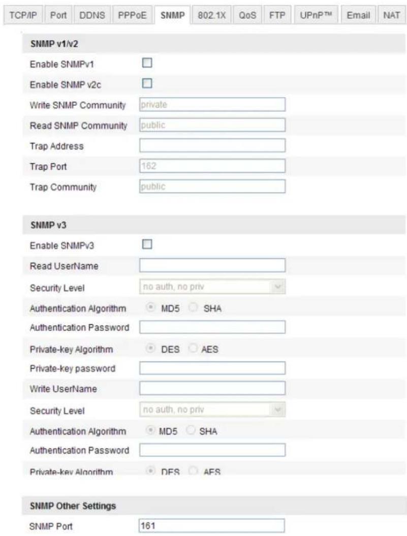 TCP/IP Port DDNS PPPoE SNMP 802.1X QoS FTP.UPnPTM Email NAT SNMP v1/v2 Enable SNMPv1 Enable SNMP v2c Write SNMP Community private Read SNMP Community public Trap Address Trap Port 162 Trap Community public SNMP v3 Enable SNMPv3 Read UserName Security Level=no auth, no priv Authentication Algorithm MD5 SHA Authentication Password Private-key Algorithm DES AES Private-key password Write UserName Security Level=no auth, no priv Authentication Algorithm MD5 SHA Authentication Password Private-key Algorithm DFS AFS SNMP Other Settings SNMP Port 161