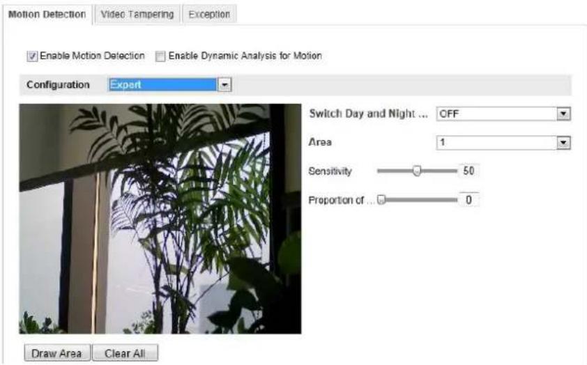 Motion Detection Video Tampering Exception Enable Motion Detection Enable Dynamic Analysis for Motion Configuration Expert Switch Day and Night ... OFF Area 1 Sensitivity 50 Proportion of ... 0 Draw Area Clear All