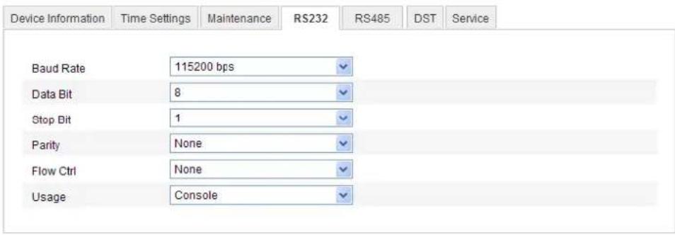 Device Information Time Settings Maintenance RS232 RS485 DST Service Baud Rate 115200 bps Data Bit 8 Stop Bit 1 Parity None Flow Ctrl None Usage Console