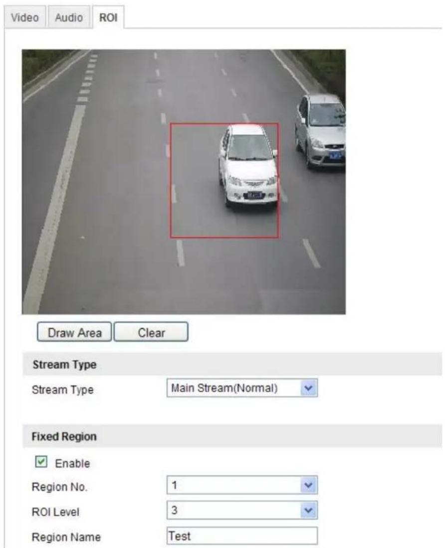 Video Audio ROI Draw Area Clear Stream Type Stream Type Main Stream(Normal) Fixed Region Enable Region No. 1 ROI Level 3 Region Name Test