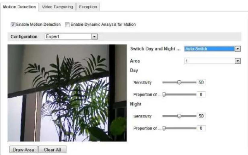 Motion Detection Video Tampering Exception Enable Motion Detection Enable Dynamic Analysis for Motion Configuration Expert Switch Day and Night ... Auto-Switch Area 1 Day Sensitivity 50 Proportion of ... 0 Night Sensitivity 50 Proportion of ... 0 Draw Area Clear All