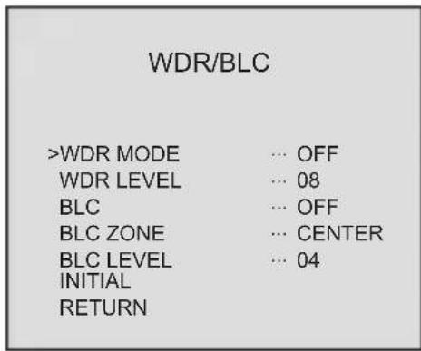 WDR/BLC >WDR MODE ... OFF WDR LEVEL ... 08 BLC ... OFF BLC ZONE ... CENTER BLC LEVEL ... 04 INITIAL RETURN