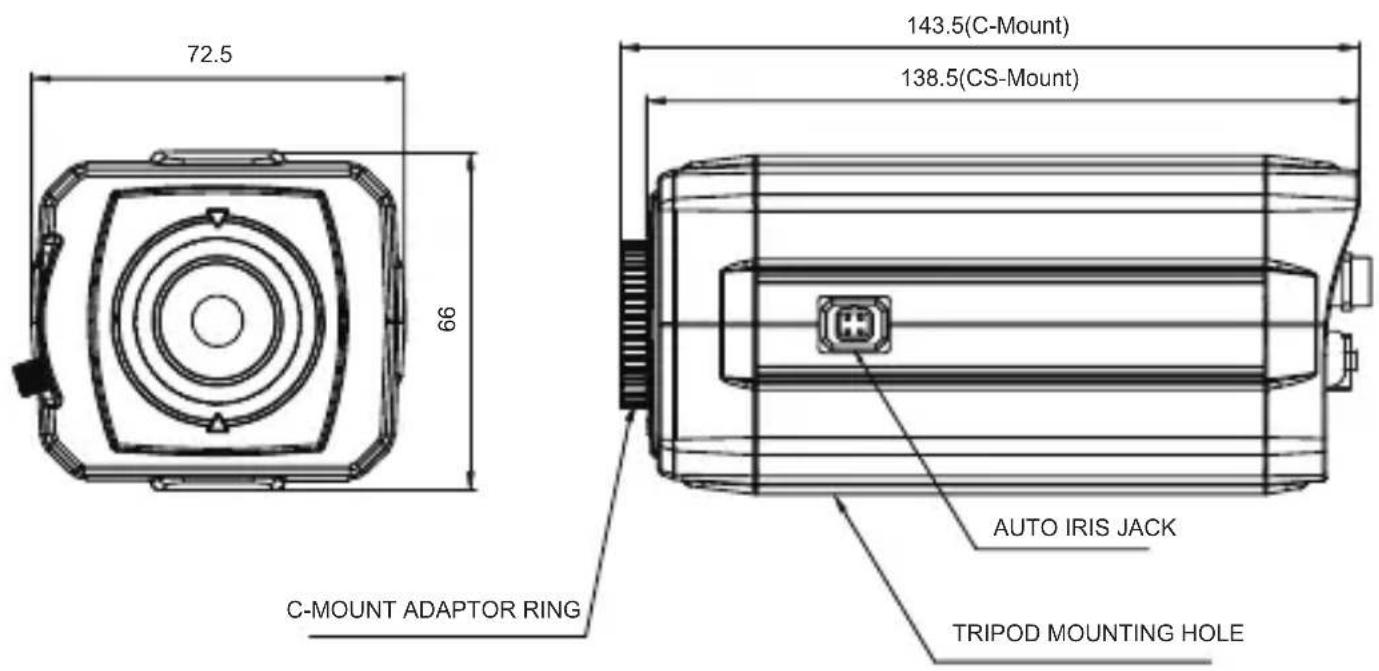 72.5 66 143.5(C-Mount) 138.5(CS-Mount) C-MOUNT ADAPTOR RING AUTO IRIS JACK TRIPOD MOUNTING HOLE