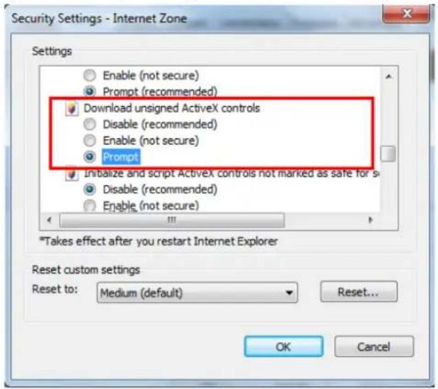 Security Settings - Internet Zone Settings Enable (not secure) Prompt (recommended) Download unsigned ActiveX controls Disable (recommended) Enable (not secure) Prompt Initialize and script ActiveX controls not marked as safe for s Disable (recommended) Enable (not secure) *Takes effect after you restart Internet Explorer Reset custom settings Reset to: Medium (default) Reset... OK Cancel