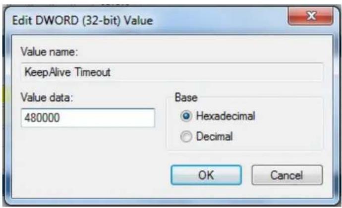 Edit DWORD (32-bit) Value Value name: KeepAlive Timeout Value data: 480000 Base Hexadecimal Decimal OK Cancel