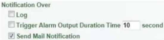 Notification Over □ Log □ Trigger Alarm Output Duration Time 10 second ✓ Send Mail Notification