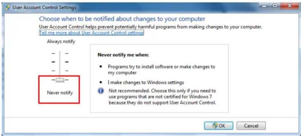 User Account Control Settings Choose when to be notified about changes to your computer User Account Control helps prevent potentially harmful programs from making changes to your computer. Tell me more about User Account Control settings Always notify Never notify Never notify me when: • Programs try to install software or make changes to my computer • I make changes to Windows settings i Not recommended. Choose this only if you need to use programs that are not certified for Windows 7 because they do not support User Account Control.