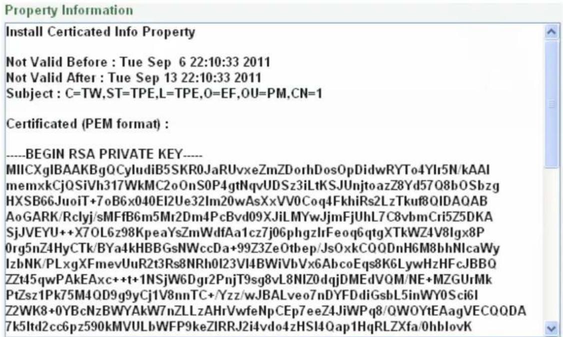 Install Certicated Info Property Not Valid Before : Tue Sep 6 22:10:33 2011 Not Valid After : Tue Sep 13 22:10:33 2011 Subject : C=TW,ST=TPE,L=TPE,O=EF,OU=PM,CN=1 Certificated (PEM format) : ----BEGIN RSA PRIVATE KEY---- MIICXgIBAAKBgQCyludiB5SKR0JaRUvxeZmZDorhDosOpDidwRYTo4Ylr5N/kAAI memxkCjQSiVh317WkMC2oOnS0P4gtNqvUDSz3iLtKSJUnjtoazZ8Yd57Q8bOSbzg HXSB66JuoiT+7oB6x040EI2Ue32Im20wAsXxVV0Coq4FkhiRs2LzTkuf8QIDAQAB AoGARK/Rclyj/sMFfB6m5Mr2Dm4PcBvd09XJiLMYwJjmFjUhL7C8vbmCri5Z5DKA SjJVEYU++X7OL6z98KpeaYsZmWdfAa1cz7j06phgzlrFeoq6qtgXTkWZ4V8lgx8P 0rg5nZ4HyCTk/BYa4kHBBGsNWccDa+99Z3ZeOtbep/JsOxkCQQDnH6M8bhNIcaWy IzbNK/PLxgXFmevUuR2t3Rs8NRh0l23VI4BWiVbVx6AbcoEqs8K6LywHzHFcJBBQ ZZt45qwPAkEAxc++t+1NSjW6Dgr2PnjT9sg8vL8NIZ0dqjDMEdVQM/NE+MZGUrMk PtZsz1Pk75M4QD9g9yCj1V8nnTC+/Yzz/wJBALveo7nDYFDdiGsbL5inWY0Sci6I ZZWK8+0YBcNzBWYAKW7nZLLzAHrVwfeNpCEp7eeZ4JiWPq8/QWOYtEAagVECQQDA 7k5ltd2cc6pz590kMVULbWFP9keZIRRJ2i4vdo4zHSI4Qap1HqRLZXfa/0hblovK