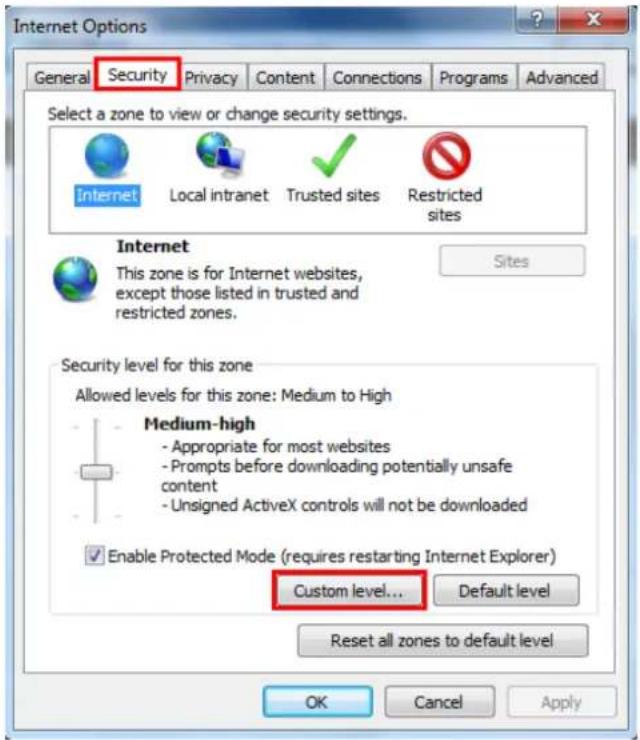 Internet Options General Security Privacy Content Connections Programs Advanced Select a zone to view or change security settings. Internet Local intranet Trusted sites Restricted sites Internet This zone is for Internet websites, except those listed in trusted and restricted zones. Sites Security level for this zone Allowed levels for this zone: Medium to High Medium-high - Appropriate for most websites - Prompts before downloading potentially unsafe content - Unsigned ActiveX controls will not be downloaded Enable Protected Mode (requires restarting Internet Explorer) Custom level... Default level Reset all zones to default level OK Cancel Apply