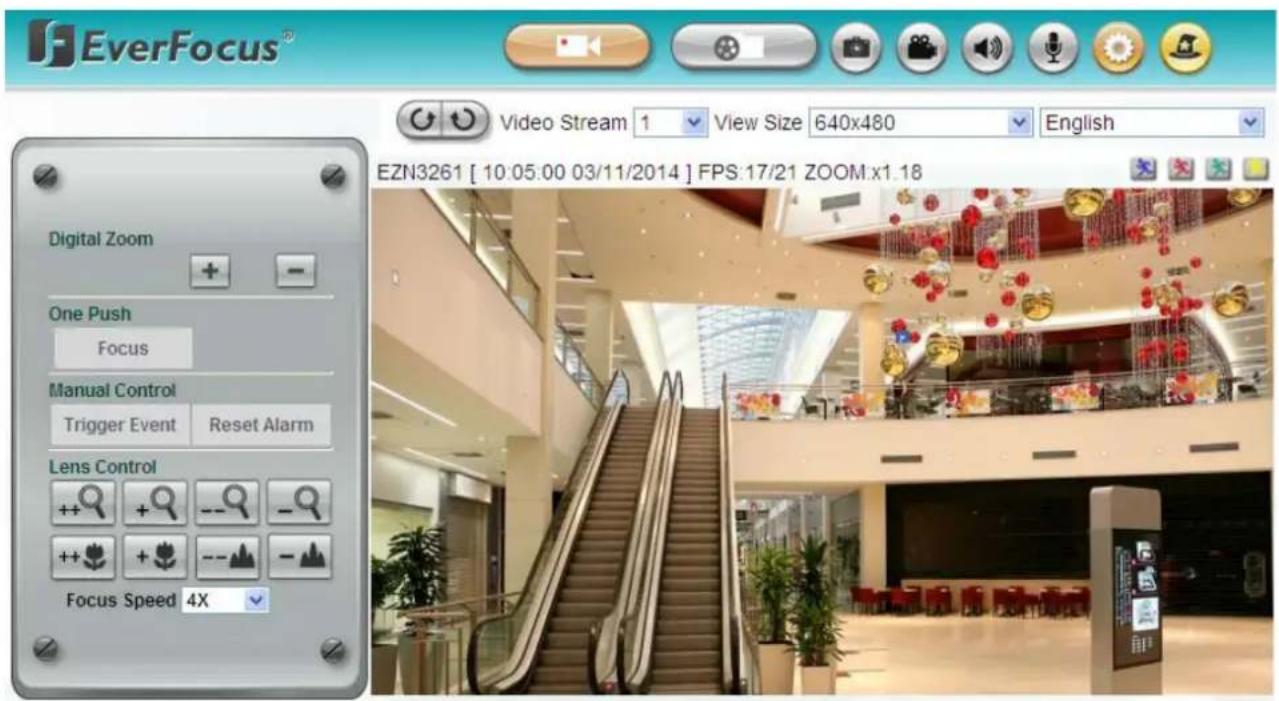 EverFocus® Video Stream 1 View Size 640x480 English EZN3261 [ 10:05:00 03/11/2014 ] FPS:17/21 ZOOM:x1.18 Digital Zoom One Push Focus Manual Control Trigger Event Reset Alarm Lens Control ++ + -- - + ++ + -- - - Focus Speed 4X