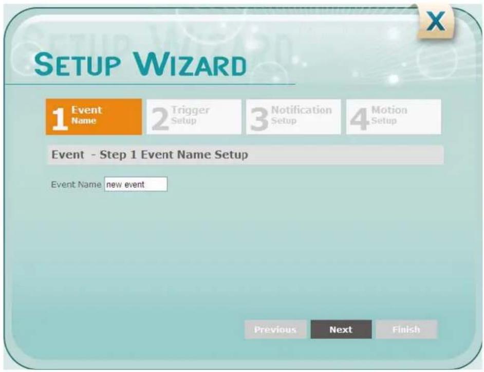 SETUP WIZARD 1 Event Name 2 Trigger Setup 3 Notification Setup 4 Motion Setup Event - Step 1 Event Name Setup Event Name new event Previous Next Finish