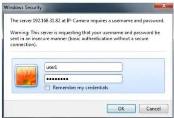 Windows Security The server 192.168.31.82 at IP-Camera requires a username and password. Warning: This server is requesting that your username and password be sent in an insecure manner (basic authentication without a secure connection). user1 ************ Remember my credentials OK Cancel