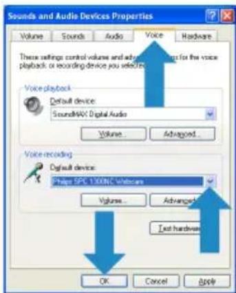 Sounds and Audio Devices Properties Volume Sounds Audio Voice Hardware These settings control volume and adaptive soundings for the voice playback or recording device you selecting. Voice playback Default device: SoundMAX Digital Audio Volume... Advanced... Voice recording Default device: Phaps SPC 130MNC Wireless Volume... Advanced... Just hardware... OK Cancel Apply