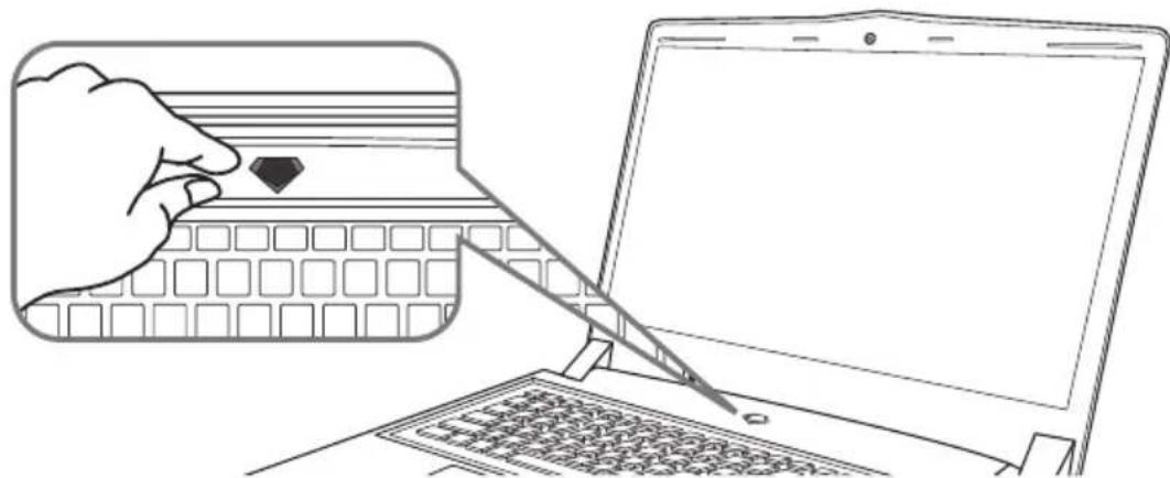 Illustration showing a hand inserting a card into a laptop with a stylus, alongside a magnified view of the card being inserted.