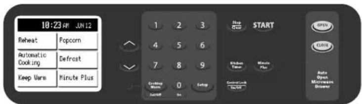10:23 PM JUN 12 Reheat Popcorn Automatic Cooking Defrost Keep Varn Minute Plus 1 2 3 4 5 6 7 8 9 Curry Menu Setup Start START Close Close Close Control Timer Minute Plus Control Lock Auto Open Microarray Drawer