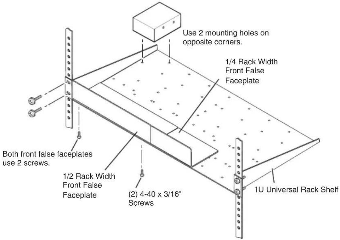 Use 2 mounting holes on opposite corners. 1/4 Rack Width Front False Faceplate Both front false faceplates use 2 screws. 1/2 Rack Width Front False Faceplate (2) 4-40 x 3/16" Screws 1U Universal Rack Shelf