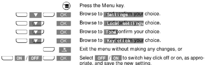 Press the Menu key. Browse to set rings your choice. Browse to Localset rings choice. Browse to Tone confirm your choice. Browse to Key click your choice. Exit the menu without making any changes, or Select OFF / ON to switch key click off or on, as appropriate, and save the new setting. OK OK OK ON / OFF OK