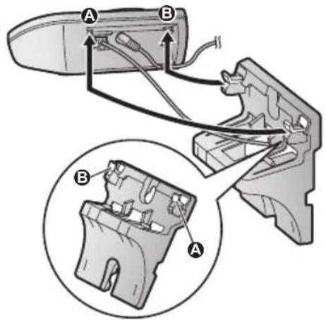 Technical diagram showing cable installation and component assembly with labeled parts A and B