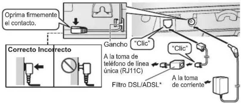 Oprima firmemente el contacto. Correcto Incorrecto Gancho "Clic" A la toma de teléfono de línea única (RJ11C) Filtro DSL/ADSL* A la toma de corriente "Clic"