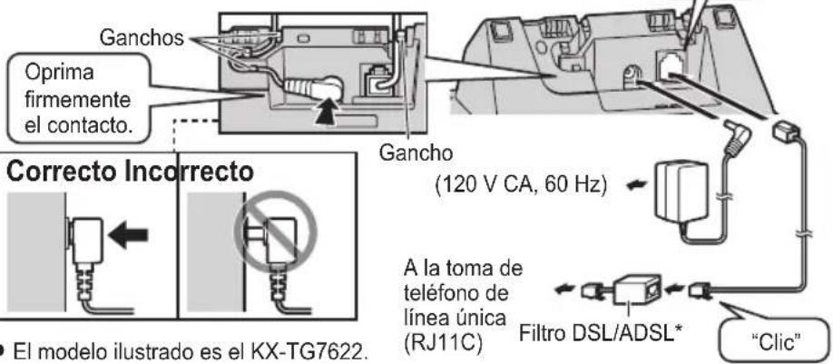 Ganchos Oprima firmemente el contacto. Correcto Incorrecto Gancho (120 V CA, 60 Hz) A la toma de teléfono de línea única (RJ11C) Filtro DSL/ADSL* "Clic" El modelo ilustrado es el KX-TG7622.