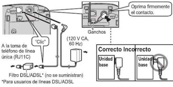 Oprima firmemente el contacto. Ganchos (120 V CA, 60 Hz) "Clic" A la toma de teléfono de línea única (RJ11C) Filtro DSL/ADSL* (no se suministran) *Para usuarios de líneas DSL/ADSL Correcto Incorrecto Unidad base Unidad base