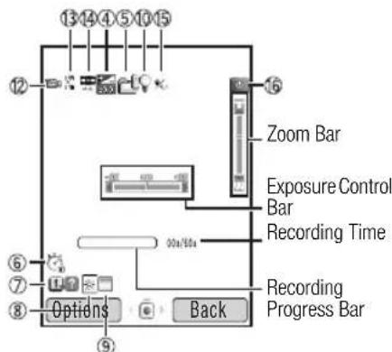 13 14 45 10 15 12 Zoom Bar Exposure Control Bar Recording Time 6 7 8 Options Back Recording Progress Bar