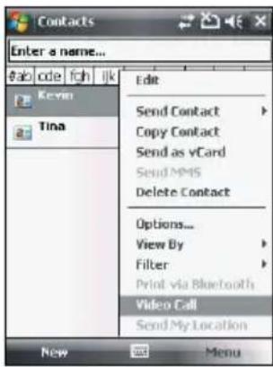 Contacts Enter a name... Edit Send Contact Copy Contact Send as vCard Send APMS Delete Contact Options... View By Filter Print via Bluetooth Video Call Send My Location New Menu