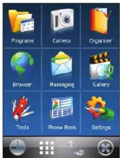 Programs Camera Organiser Browser Messaging Gallery Tools Phone Book Settings