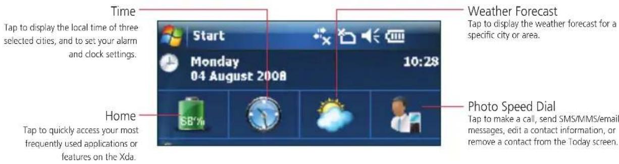 Time Tap to display the local time of three selected cities, and to set your alarm and clock settings. Weather Forecast Tap to display the weather forecast for a specific city or area. 10:28 Start Monday 04 August 2008 Home SB% Photo Speed Dial Tap to make a call, send SMS/MMS/email messages, edit a contact information, or remove a contact from the Today screen. Tap to quickly access your most frequently used applications or features on the Xda.