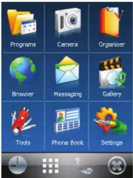 Programs Camera Organiser Browser Messaging Gallery Tools Phone Book Settings