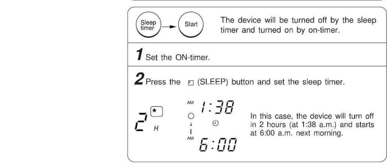 Sleep timer → Start The device will be turned off by the sleep timer and turned on by on-timer. 1 Set the ON-timer. 2 Press the □ (SLEEP) button and set the sleep timer. 2 H AM 1:38 ↓ ↓ AM 6:00 In this case, the device will turn off in 2 hours (at 1:38 a.m.) and starts at 6:00 a.m. next morning.
